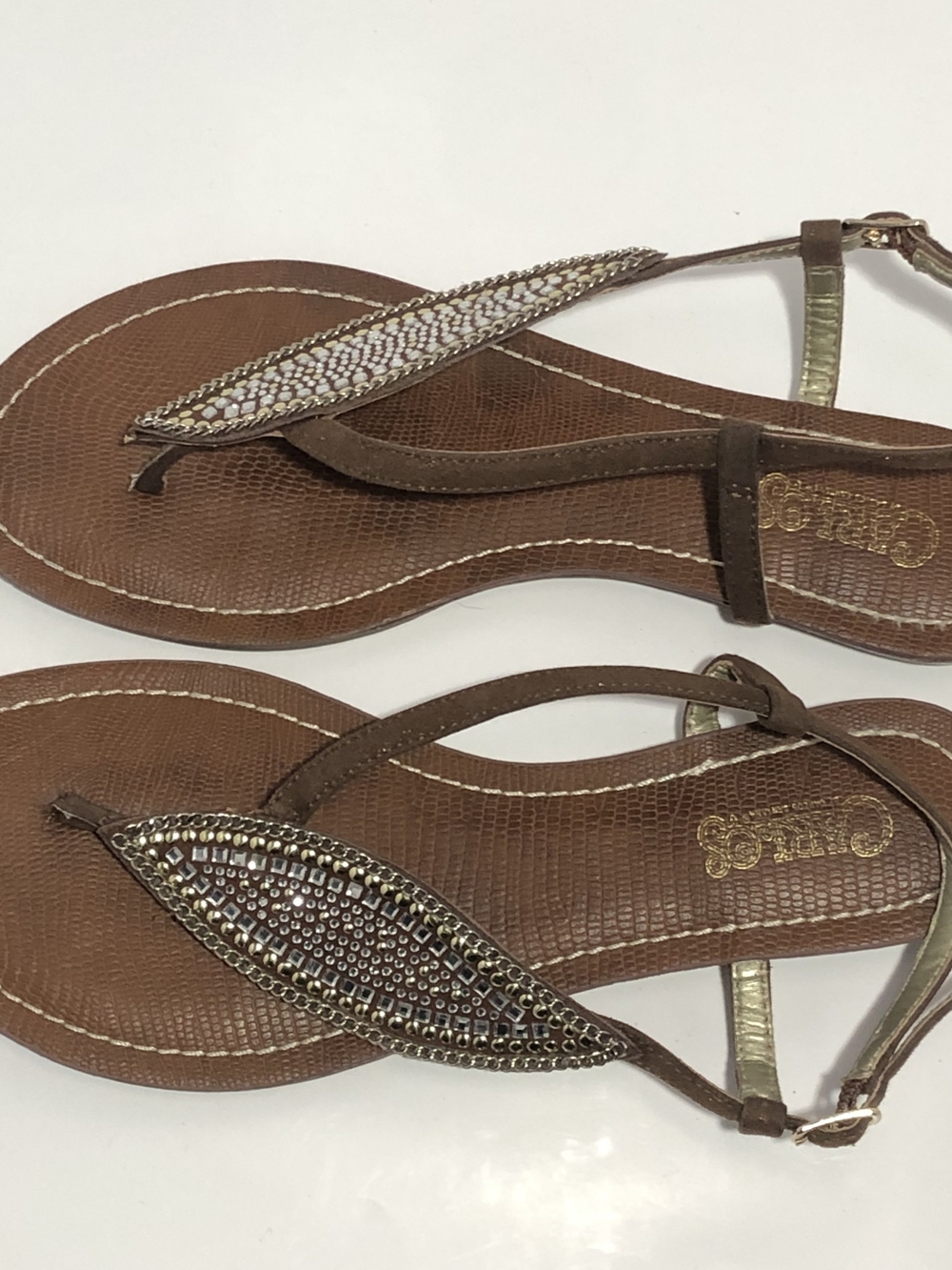 Carlos Santana Brown Embellished T-Strap Sandals